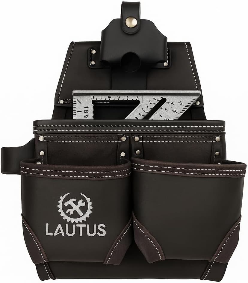 LAUTUS Oil Tanned Leather Tool Pouch Bag with Tape Measure Holder |Brown |Carpenter, Construction, Framers, Handyman | Construction Grade Leather|