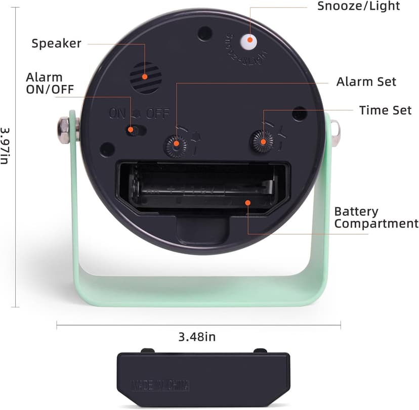 TIMESS Analog Alarm Clock, Silent Non-Ticking Quartz Movement, Battery-Operated with Snooze & On-Demand Light, Easy to Set Gentle Wake Bedside Desk Clock, Ideal for Home, Travel, Office (Green)