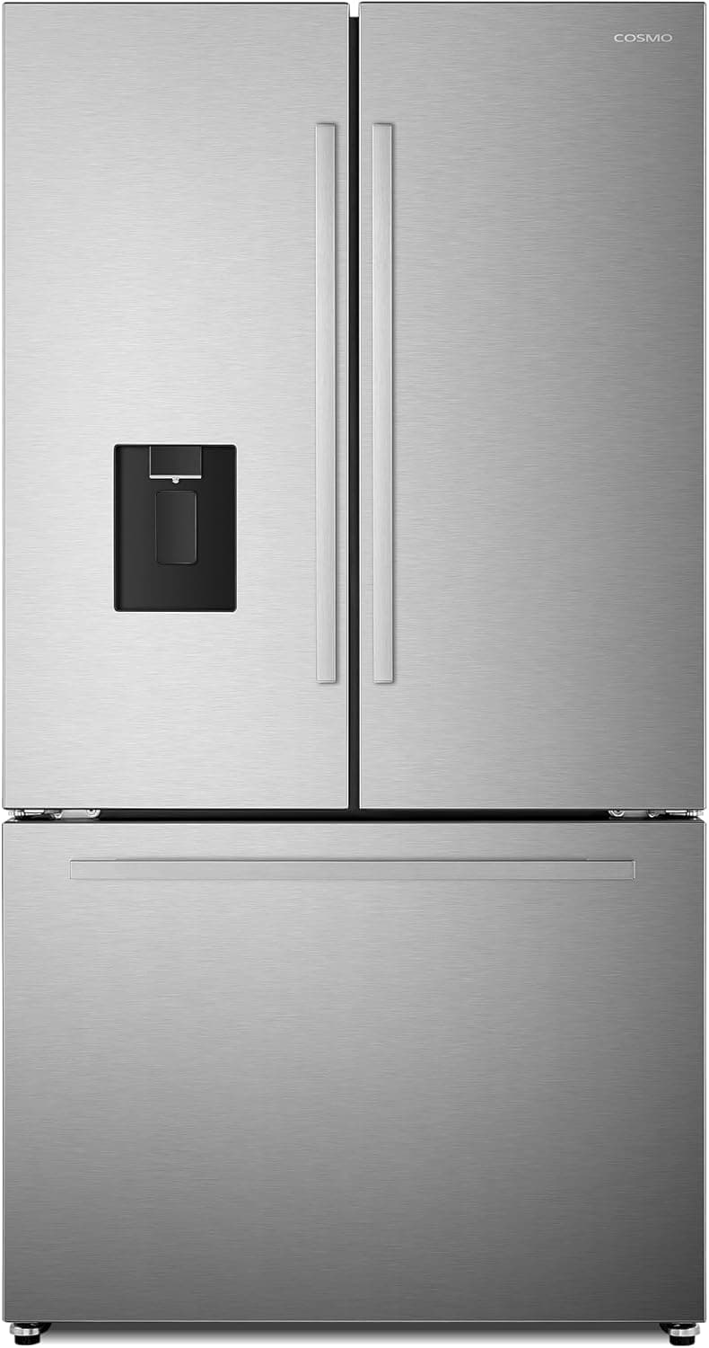COSMO COS-FDR223GWSS 36 in. Lumin Collection 22.4 cu. ft. Counter Depth French Door Refrigerator, Water Dispenser, Ice Maker, Stainless Steel
