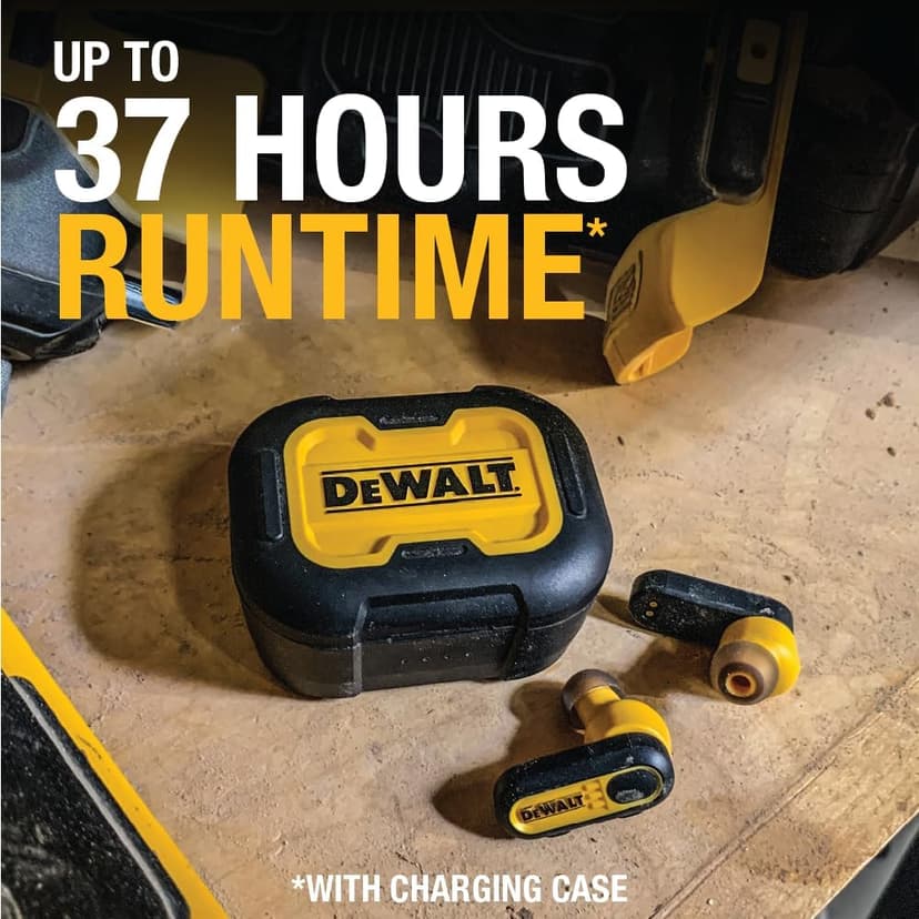 DEWALT Heavy Duty True Wireless Ear Buds, Bluetooth Headphones with Type C Charging Case Included, Over 37 Hours of Battery Life, Easy Setup for iPhone, Perfect for Jobsite, Outdoor Work, Yellow