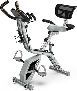 pooboo Folding Exercise Bike, Foldable Upright Stationary Bike, Indoor Cycling Magnetic X-Bike with 8-Level Adjustable Resistance, 6.6 LBS Flywheel, 300LB Capacity, Back Support Cushion for Home Gym