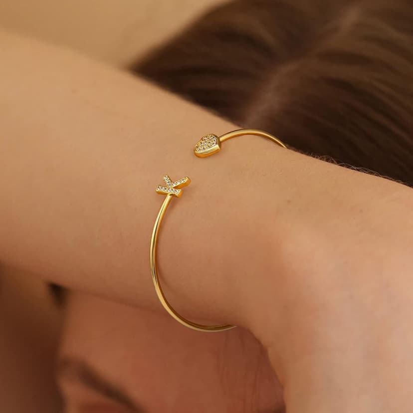 Adjustable Open Cuff Bracelet, Dainty Letter Jewelry, Daughter Sister Bridesmaid Friend, Birthday Christmas Graduation Gift Gold Bracelets for Women Teen Girls, 14K Gold Plated Initial Heart Bangle B0BN2VW1K4