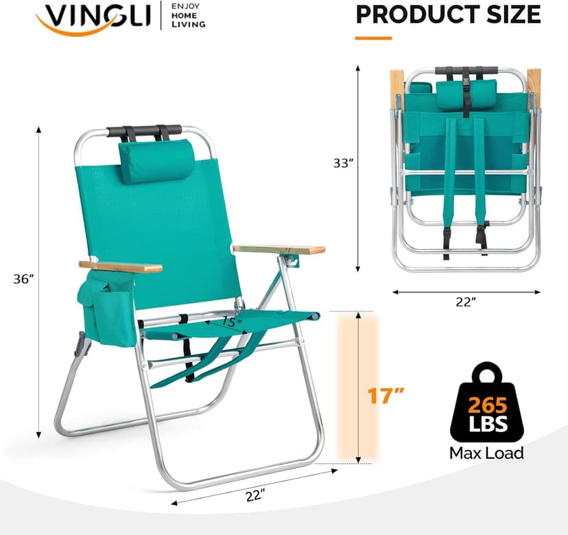 VINGLI 17" Tall Beach Chair, Aluminum Backpack Beach Chairs for Adults, Portable with Adjustable Straps, 3-Position Reclining, Cup Holder, High Lightweight Beach Chairs for Beach,Green
