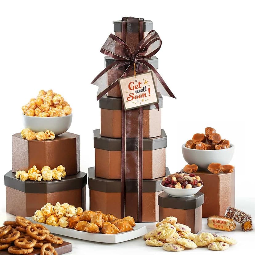 Get Well Basket Tower – Care Package with Gourmet Snacks for Women & Men, After Surgery Gifts, Thinking of You Treats, Feel Better Soon Gift Box by Broadway Basketeers