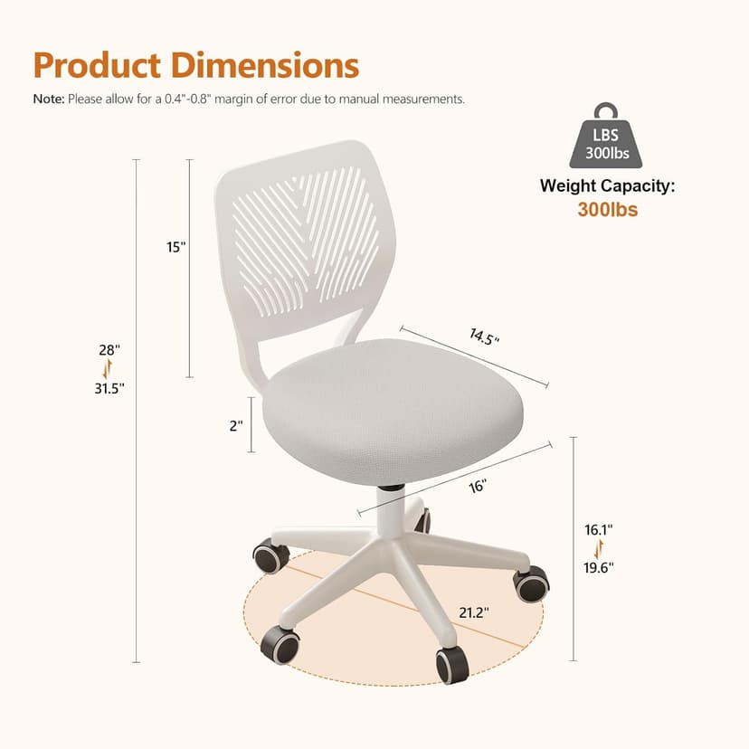 JPBSTO Armless Desk Chair, Height Adjustable Swivel Office Rolling Task Chairs with Soft Mesh Padded Cushion, Ergonomic Small Study Computer Chair for Girls Boys Teens (White, 1PC)