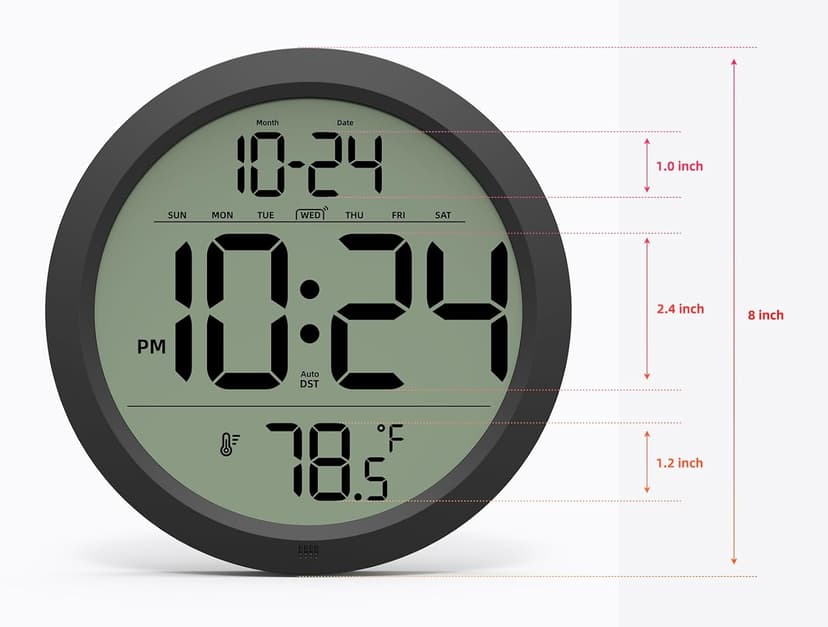 Digital Wall Clock with Date, Indoor Temperature, Auto-DST, Battery-Operated Digital Clock, 8 Inch Small Decorative Wall Clock for Bedroom, Living Room, Home, Kitchen, Office, Modern, Electric, Simple