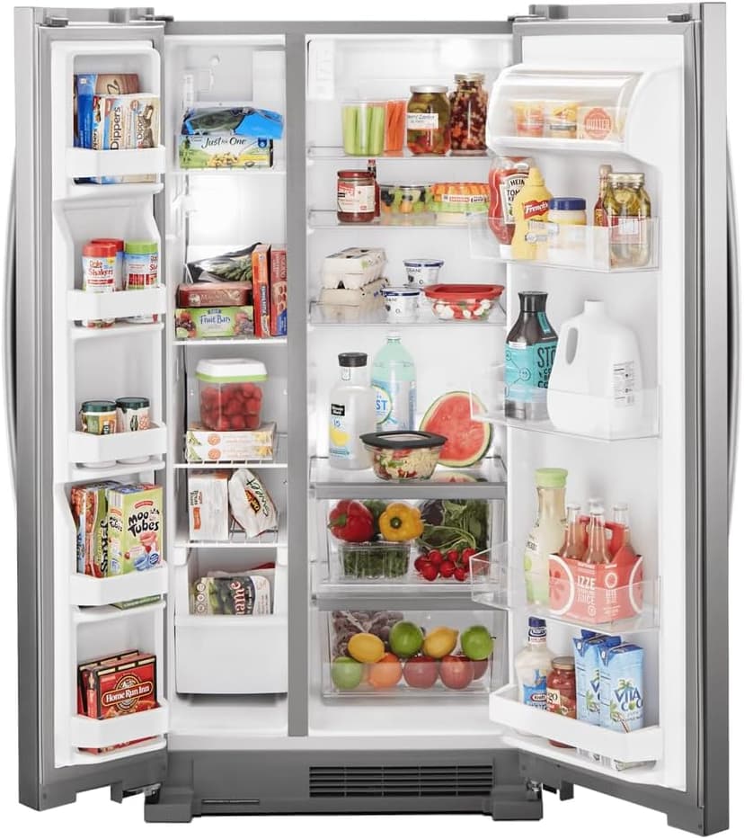 Whirlpool 33 Inch Freestanding Side by Side Refrigerator with 21.72 Cu. Ft. Total Capacity, Adjustable Gallon Door Bins, LED Interior Lighting, Hidden Hinges, Frameless Glass Shelves, Stainless Steel