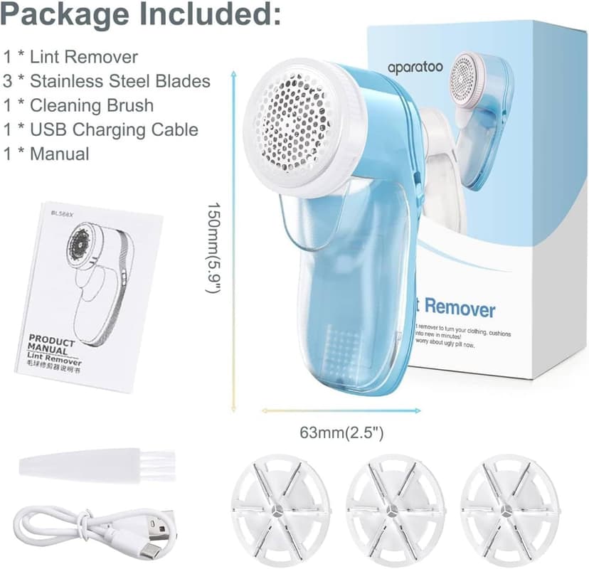 Fabric Shaver, Lint Remover for Clothes, Electric Lint Remover with 3 Replaceable Blades, Removes Fabric Pills, Rechargeable Sweater Defuzzer Pill Remover, Depiller Effectively Remove Pills (Blue)