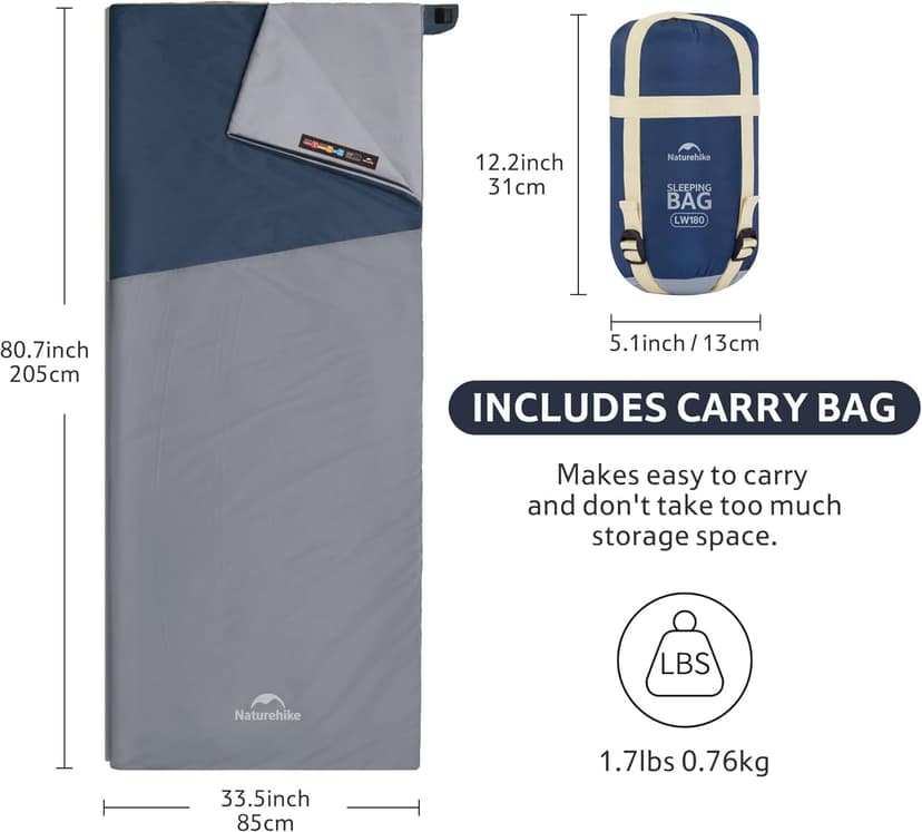 Naturehike Lightweight Compact Sleeping Bag, 59℉/32℉ Envelope Ultralight Backpacking Sleeping Bag Portable, Waterproof with Compression Sack for Cold&Warm, Camping, Traveling, Hiking