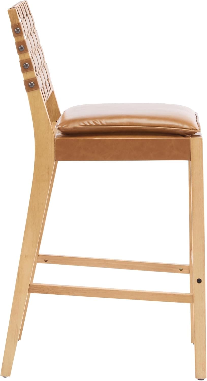 Merax Rattan Counter Height Bar Stools with PU Cushion Set of 4, 29" Seat Height Counter Chairs with Solid Wood Frame & Rattan Backrest, Boho Style Barstools for Kitchen Island, Brown