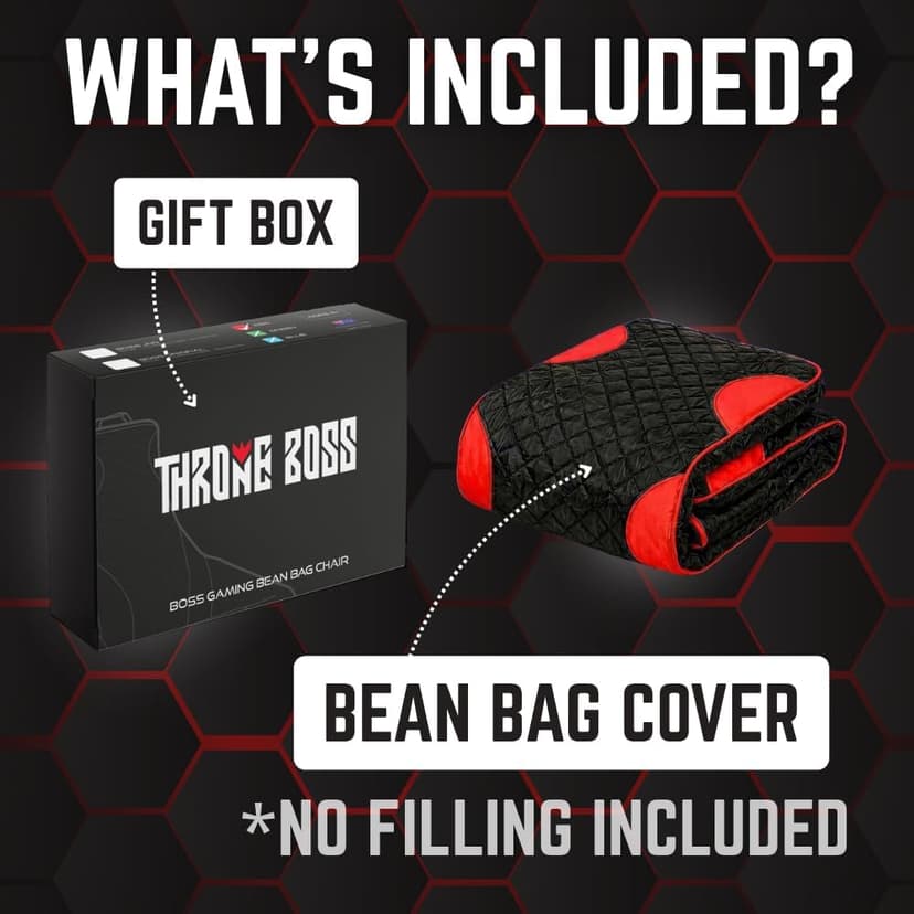 Throne Boss Gaming Bean Bag Chair Cover for Adults with High Back, Red – Large Floor Gaming Chair Cover, Easy to Clean Fabric, Large Pockets, Headphone Hanger, Requires 350 Liters Polystyrene Beans