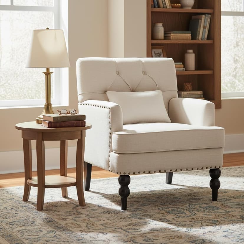 HUIMO Tufted Club Chair,Accent Chair with Lumbar Pillow, Upholstered Button Armchair, Linen Fabric Sofa Chairs for Bedroom, Living Room, Mid Century Modern with Studded Reading Chair Beige