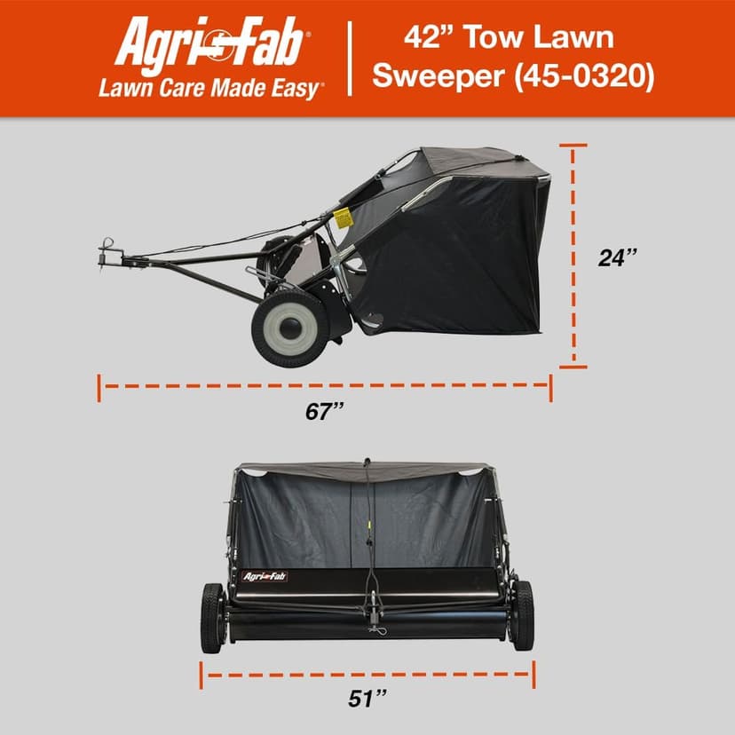 Agri-Fab 45-0320 42" Tow-Behind Lawn Sweeper, 12 cu. ft Hopper Bag Capacity; Leaf & Grass Catcher, with Adjustable Brush Height and Easy to Use Dumping Rope