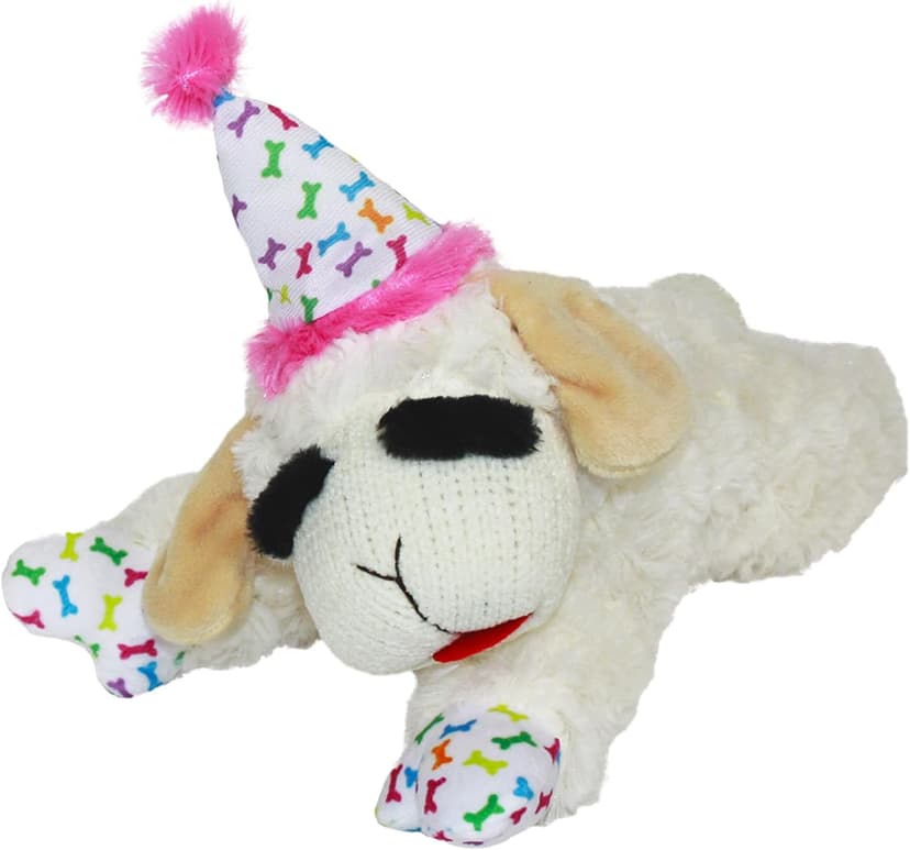 Soft Plush Dog Toy, Stuffed Animal Dog Toy For Playing, Cute Birthday Toy 10.5”, Pink Hat, 5 Squeakers Multipet Lamb Chop Dog Plush Toy with Birthday Hat - Squeaky Dog Toy B0BKH23JXC