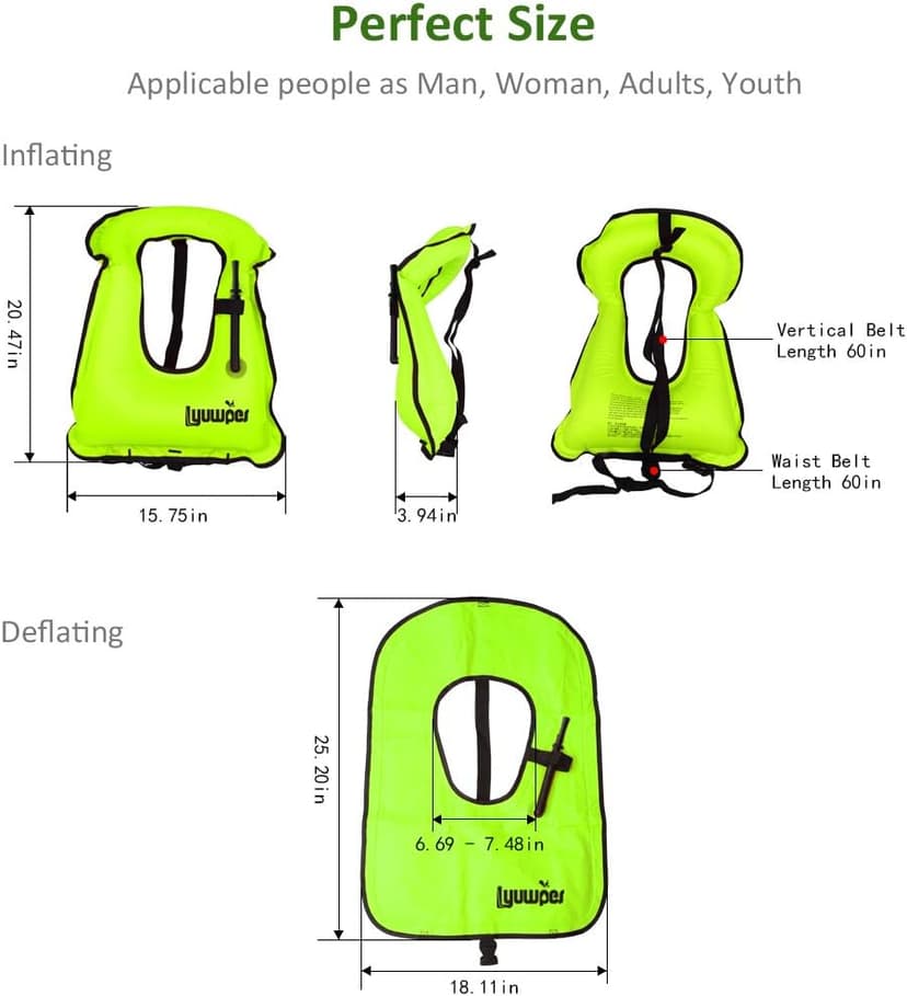 Inflatable Snorkel Vest Adult Snorkeling Jackets Free Diving Swimming Safety Load Up to 220 Ibs