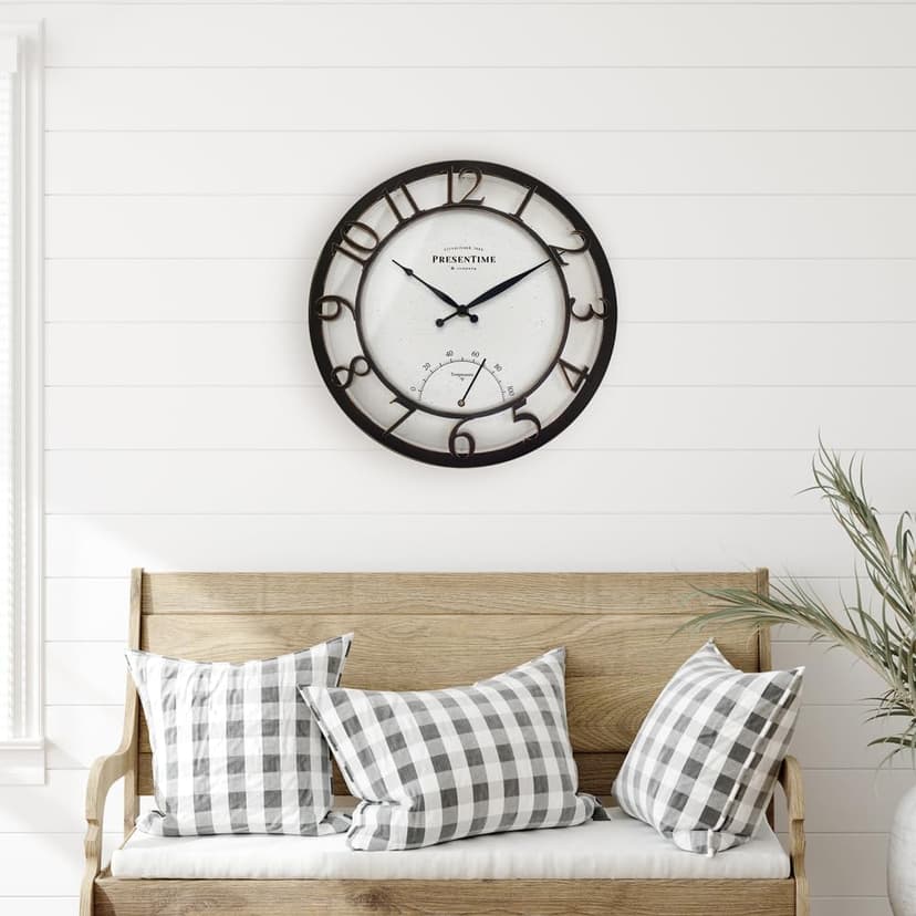 Presentime & Co 13" Farmhouse Outdoor Wall Clock w/Outdoor Thermometer, Cottage Style, Raised 3D Arabic Numerals, Oil Rubbed Bronze Finish (Wall Clock for Patio, Cottage, Poolside, Garden Spaces)