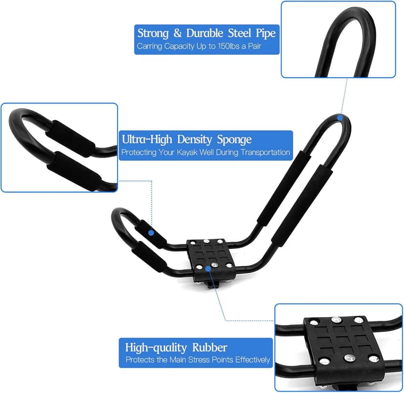 Taelakeni 2 Pairs Kayak Carrier Racks, Universal Cars Kayak Roof J Bar Rack (1 Pair) (1 Pair) (2 Pairs with 10ft S-Hook)