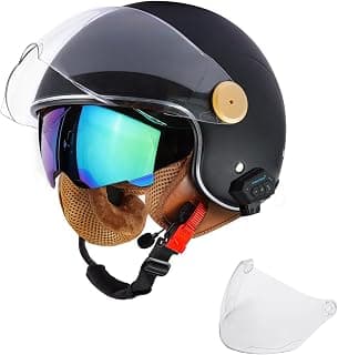 Retro Bluetooth 3/4 Open Face Motorcycle Half Helmet for Men Women - Dual Visors DOT Approved Lightweight Vintage Motorbike Helmet for Scooter Moped ATV Street Dirt Bike Commuting