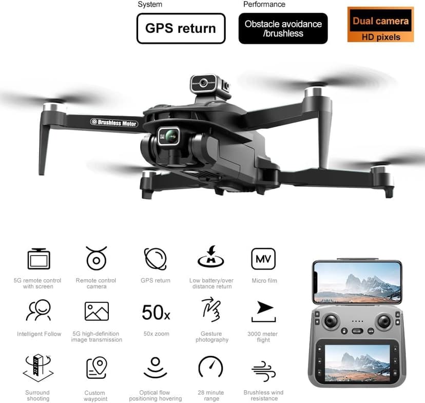 GPS Drone with 4K Camera, 4.5" LCD Display Screen Controller- 3,280ft RC Range, Auto return, Follow Me, Go Home, Gesture Control, One Key Takeoff/Landing, Altitude Hold,led Light ，Professional Quadcopter for Aerial Photography Control and Video Recording, Sports Racing Car Appearance, Adult Beginner-Friendly FPV RC Quadcopter For Kids 8-12
