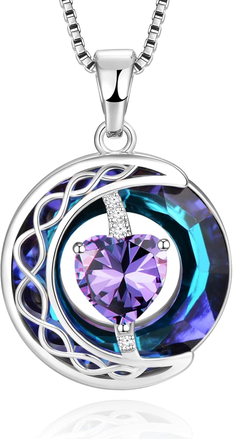 LIANYU Necklace for Womens Blue Sapphire Necklace Moon Pendant S925 Sterling Silver Crystal Jewelry for Women Pendant Birthday Gifts for Wife Gifts Valentine Anniversary