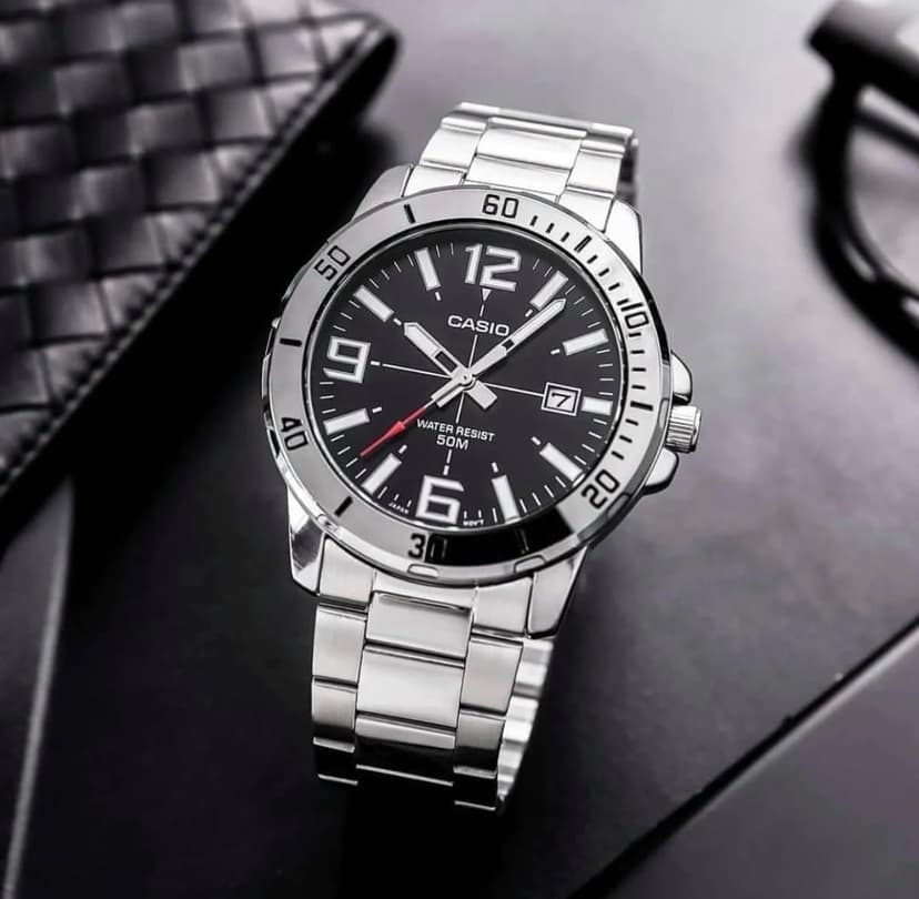 Casio MTP-VD01D-1BV Men's Enticer Stainless Steel Black Dial Casual Analog Sporty Watch, Silver, 48×42×10.7mm, Quartz Movement