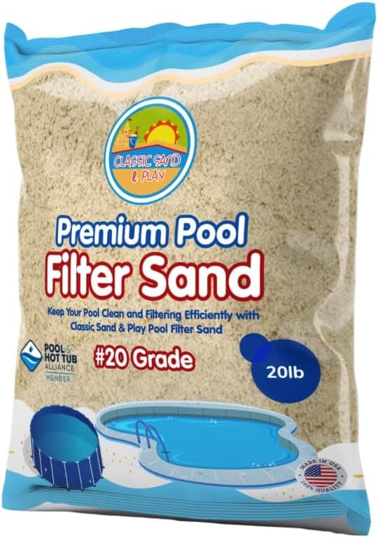 CLASSIC SAND & PLAY Swimming Pool Filter Sand for Above & Inground Pools, 20 lbs, Supports Residential and Commercial Filtration Systems, Premium Efficient Silica, No Clogging or Clumping, #20 Grade