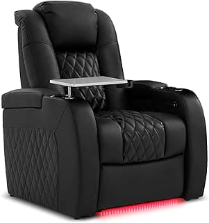 PBRO Home Theater Seating Top Grain Leather Recliner Chair, Movie Theater Chair Sofa with Power Reclining & Headrest USB Charger Ports Ambient Lighting, Black Single Seat for Home