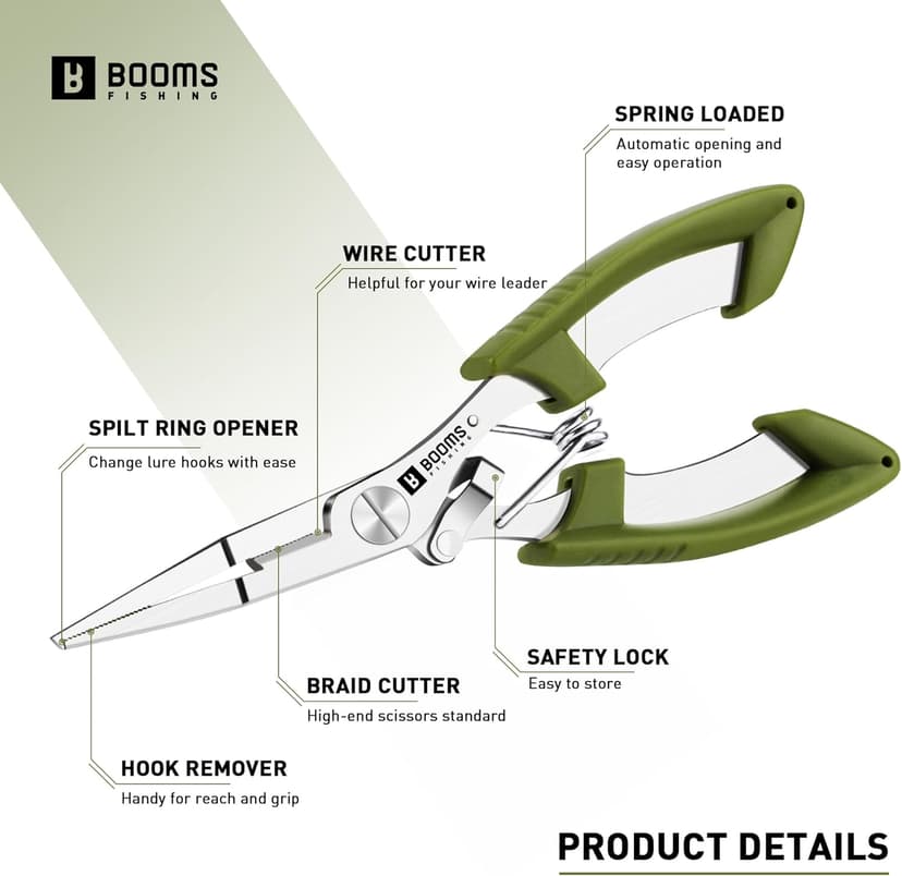 Booms Fishing H01 Small Fishing Pliers Scissors Braid Cutters Lightweight Stainless Steel Fishing Tools Split Ring Pliers Hook Remover, Green