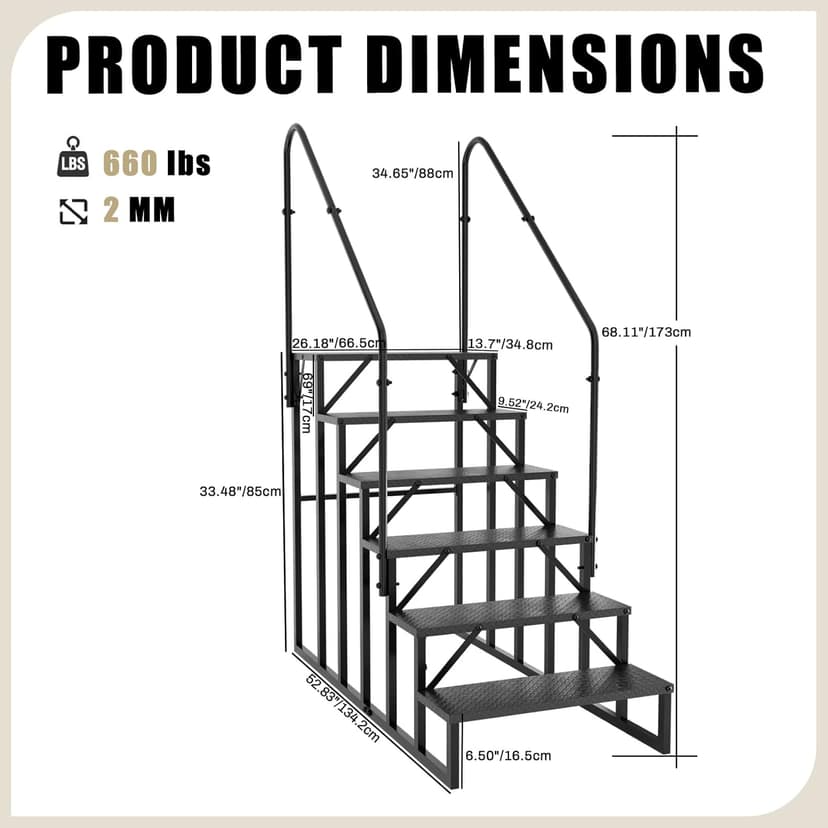 Step Ladder, 6 Step Stool with Handle, Heavy Duty Pool Ladder Above Ground 660Lbs, Camper Steps Outdoor Steps RV Stairs for Reaching High, Portable Home Stairs for Travel Trailer