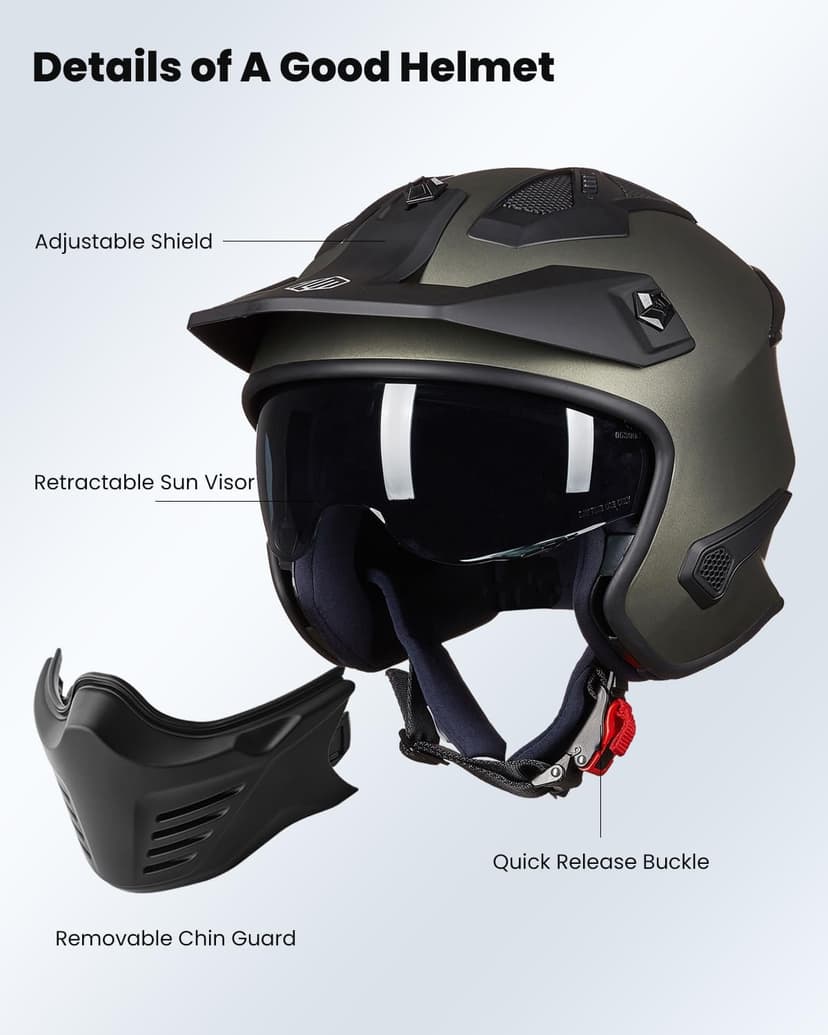 ILM Open Face Motorcycle 3/4 Half Helmet for Dirt Bike Moped ATV UTV Motocross Cruiser Scooter DOT Model 726X (Midnight Green,XL)