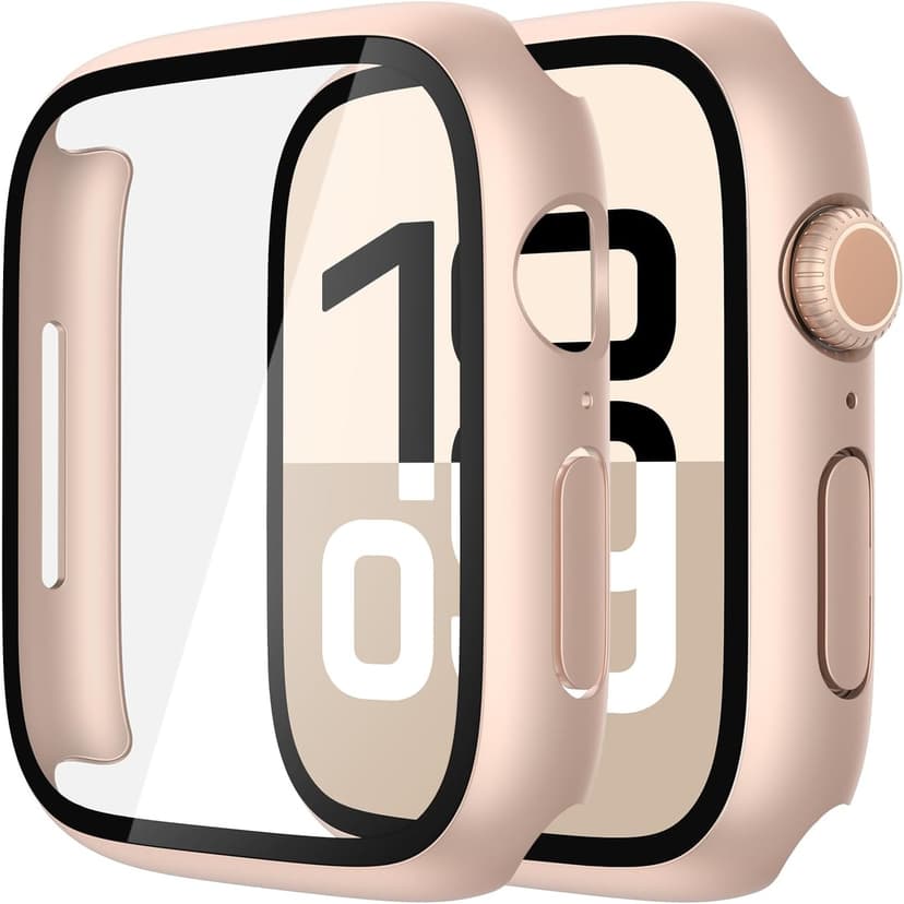 Misxi 2 Pack Tempered Glass Case Compatible for Apple Watch Series 11 (2025) Series 10 42mm, Hard PC Screen Protector Overall Protection Scratch-Resistant Cover for iWatch, 1 Rose Gold + 1 Transparent