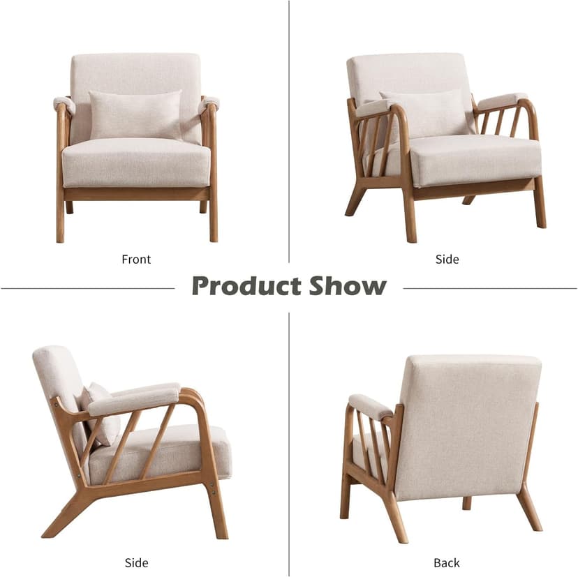 IOMOR Mid Century Modern Accent Chair with Solid Wood Frame Linen Fabric, Upholstered Living Room Chairs with Lumbar Cushion Padded Arms, Reading Armchair for Bedroom (1, Warm Beige)
