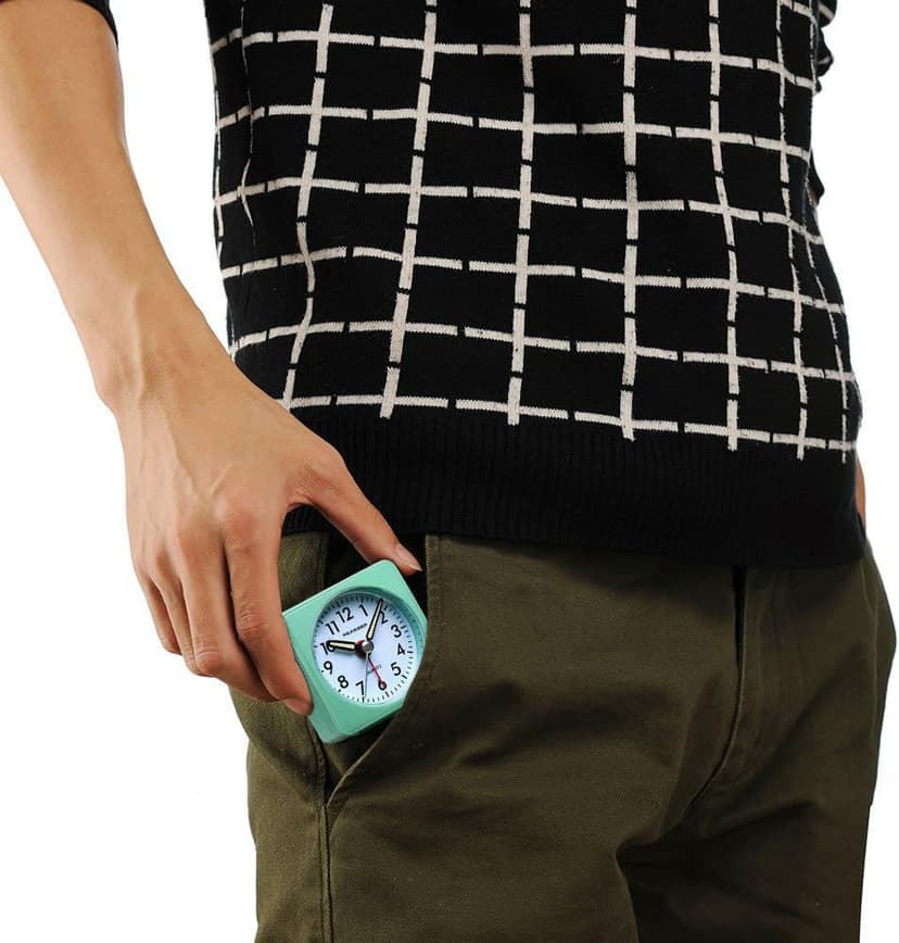 Peakeep Ultra Small, Battery Travel Alarm Clock with Snooze and Light, Silent with No Ticking Analog Quartz (Aquamarine)
