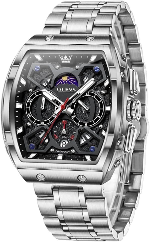 OLEVS Watches for Men Analog Quartz Luxury Diamond Waterproof Chronograph Stainless Steel Big Face Square Date Moon Phase Roman Numeral Dress Watch for Men