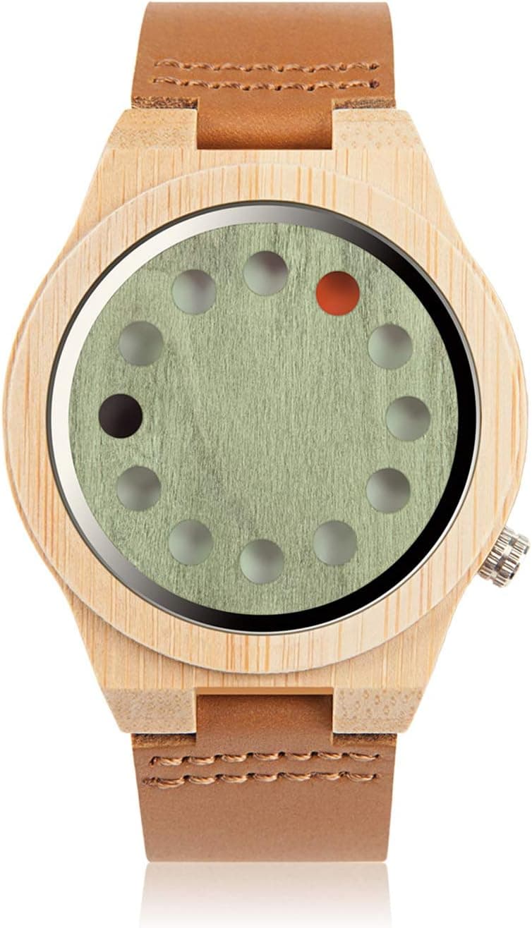 BOBO BIRD Men's Bamboo Wooden Watch with Black Cowhide Leather Strap 12 Holes Timer Design Sports Casual Watches