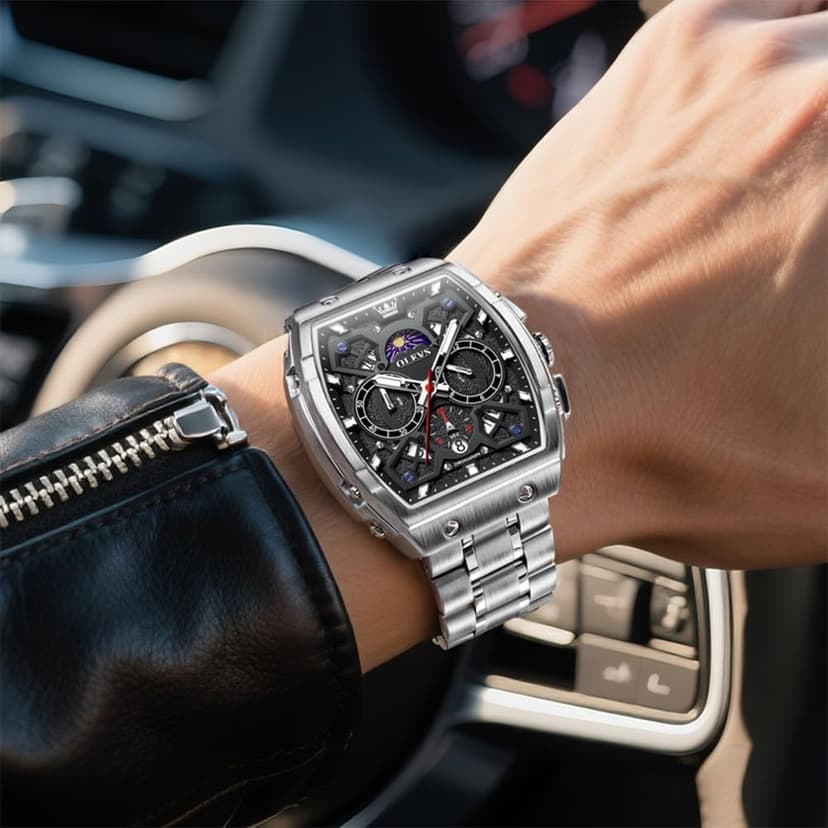 OLEVS Watches for Men Analog Quartz Luxury Diamond Waterproof Chronograph Stainless Steel Big Face Square Date Moon Phase Roman Numeral Dress Watch for Men