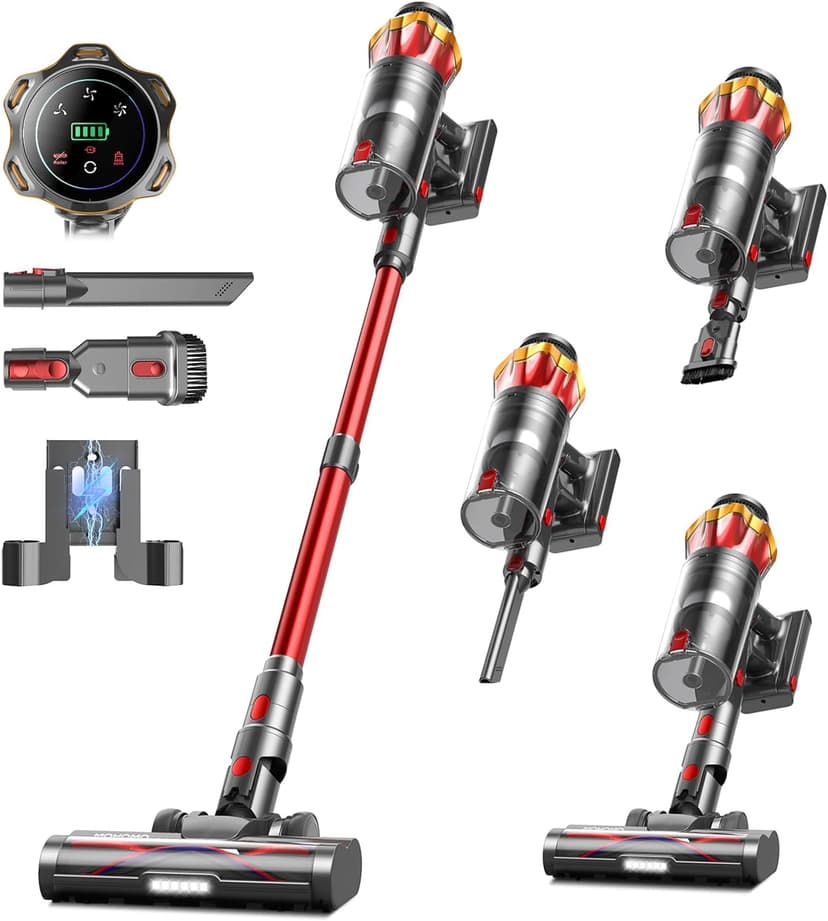 Cordless Vacuum Cleaner, 650W 55KPa 70Mins Vacuum Cleaners for Home, Self-Standing Stick Vacuum with Anti-Tangle Brush & OLED Touch Screen, Vacuum Cleaner for Hardwood Floors,Carpet,Pet Hair,Car (Red)
