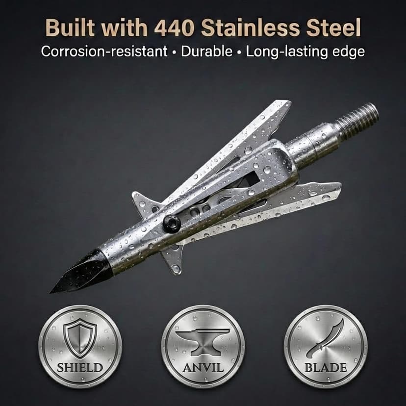 Mechanical Expandable Broadheads Hunting Arrow Tips, 100 Grain 2 Inch Cut, 440 Stainless Steel Blades & Chisel Tip, 8-32 Thread for Crossbow & Compound Bow Bolts, Up to 500 FPS Tested, 4 Pack