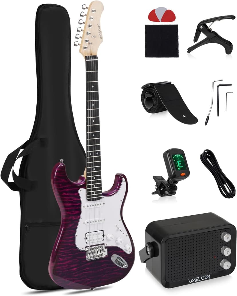 UST-200 Beginner Electric Guitar Kit HSS Pickup, Versatile 5-Way Switch for Clean to High-Gain Tone, Full-Size ST Style Guitar for Starter & Intermediate Players, Gig Bag, Digital Tuner Purple