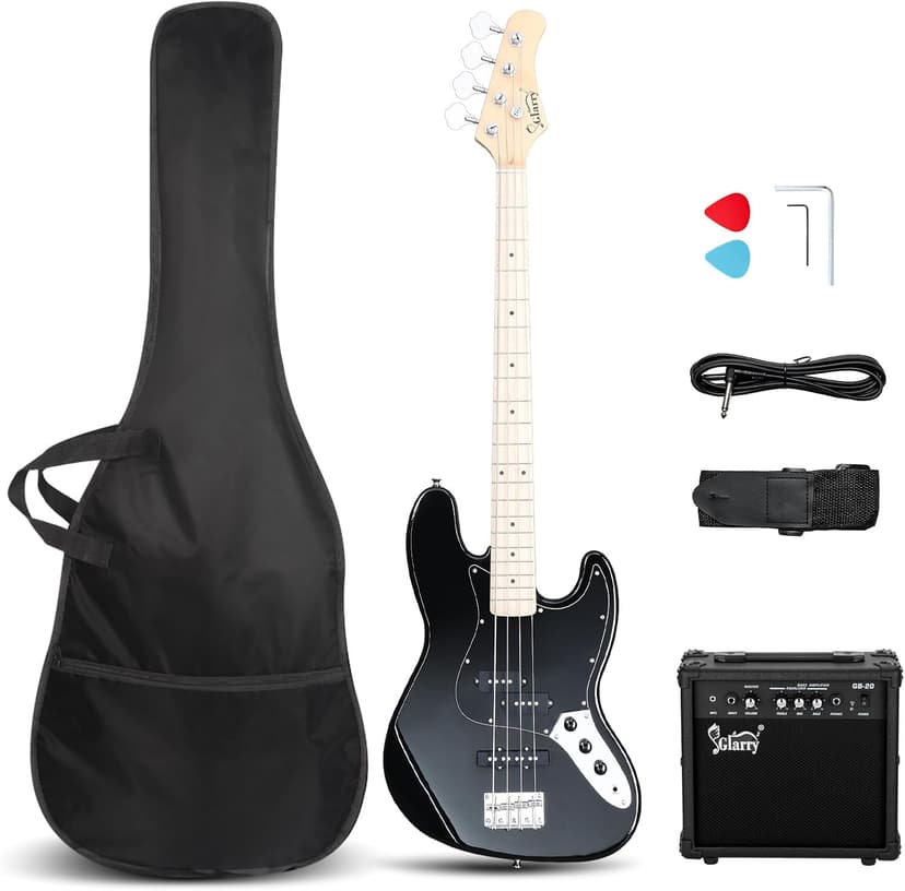 GLARRY Bass Guitar Full Size 4 String Exquisite Stylish Bass with Guitar Bag Power Line and Wrench Tool (Blue, With AMP)