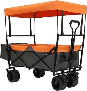 480Lbs Collapsible Wagon with Canopy Steel Orange Large Capacity Mosquito Net Camping Shopping Sports Garden Outdoor-Ready