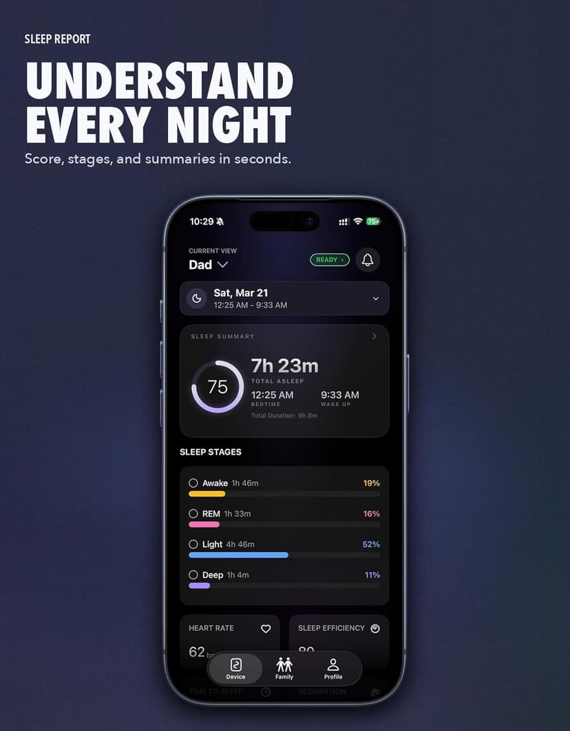 Non-Wearable Contactless Sleep Tracker & Sleep Monitor Device for Adults and Kids | No Subscription, Heart Rate, Breathing & Sleep Stage, Real-Time Monitoring, Smart Alarm