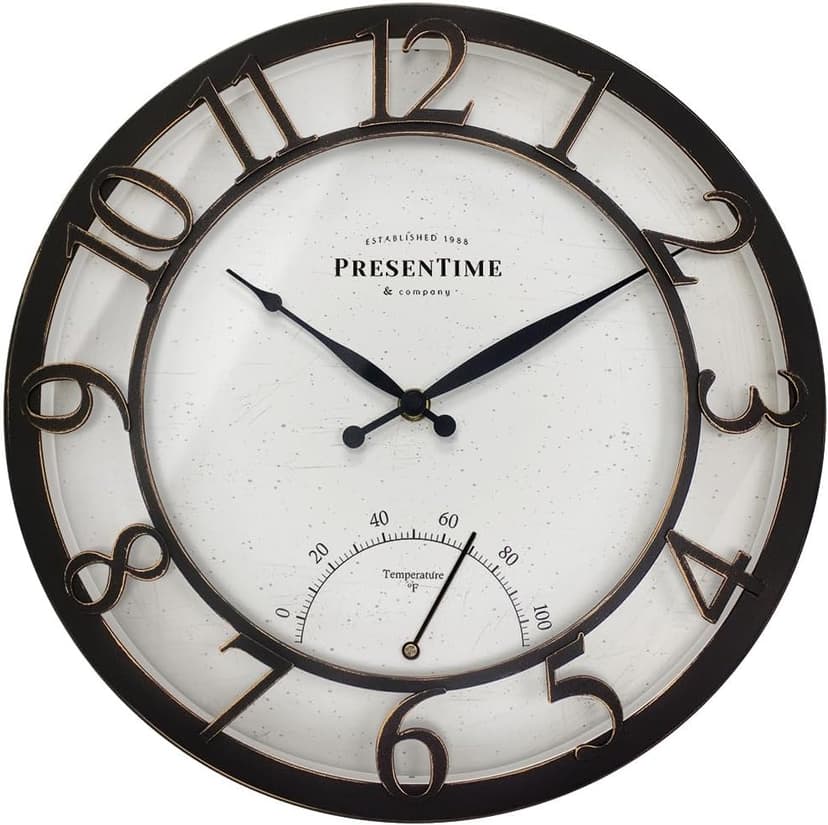 Presentime & Co 13" Farmhouse Outdoor Wall Clock w/Outdoor Thermometer, Cottage Style, Raised 3D Arabic Numerals, Oil Rubbed Bronze Finish (Wall Clock for Patio, Cottage, Poolside, Garden Spaces)