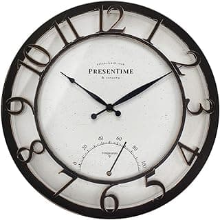 Presentime & Co 13" Farmhouse Outdoor Wall Clock w/Outdoor Thermometer, Cottage Style, Raised 3D Arabic Numerals, Oil Rubbed Bronze Finish (Wall Clock for Patio, Cottage, Poolside, Garden Spaces)