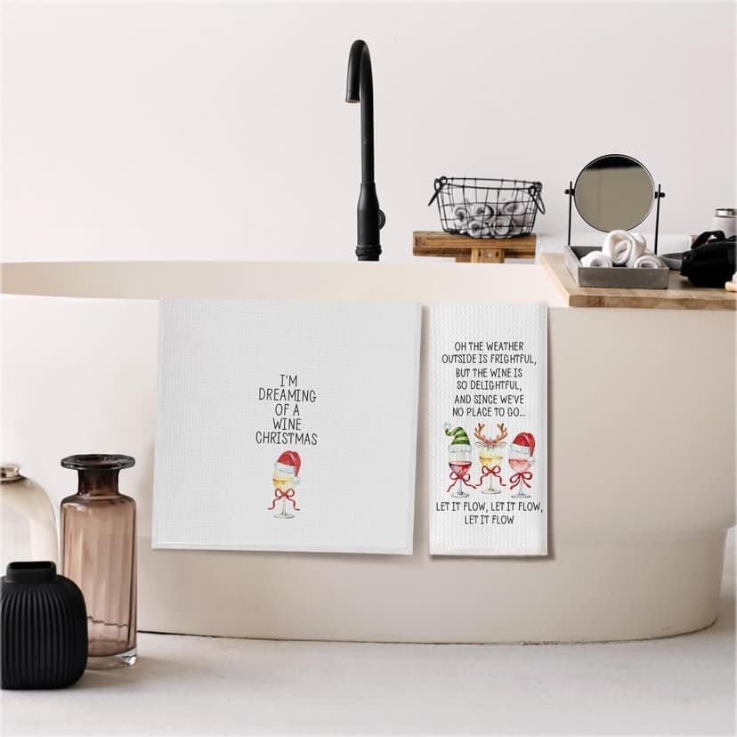 Funny Christmas Wine Kitchen Towels, Gifts for Wine Lovers Dish Tea Towels for Kitchen Bar Cart Decor, Winter Holiday Xmas Wines Decorative Hand Towel, 16x24 Inch Set of 2