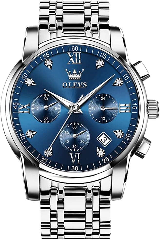 OLEVS Men's Stainless Steel Chronograph Watch, Big Face Gold Silver Black Tone Easy to Read Analog Quartz Watch, Luxury Waterproof Date Diamond Roman Arabic Numerals Dial Dress Watch for Men