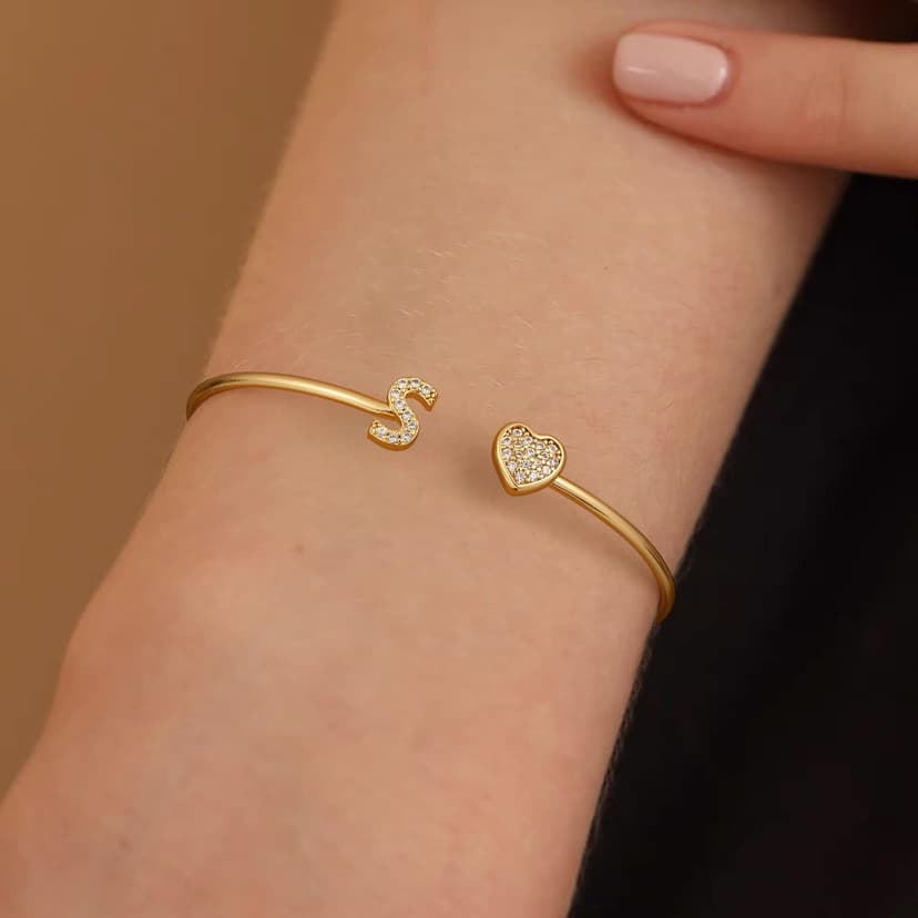 Adjustable Open Cuff Bracelet, Dainty Letter Jewelry, Daughter Sister Bridesmaid Friend, Birthday Christmas Graduation Gift Gold Bracelets for Women Teen Girls, 14K Gold Plated Initial Heart Bangle B0BN2VW1K4