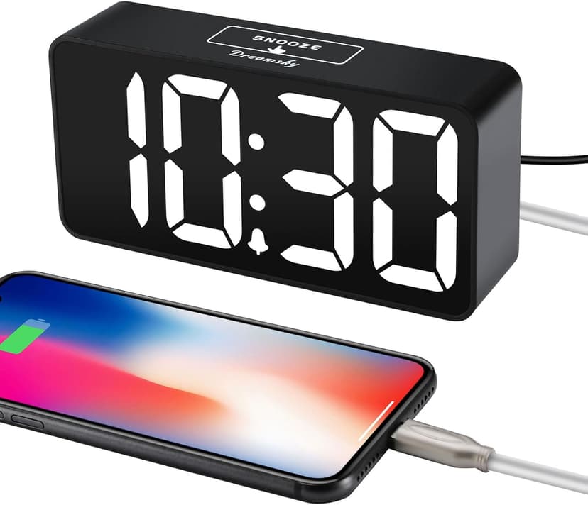 DreamSky Small Digital Alarm Clock for Bederoom, Large Big Numbers Display with Dimmer for Living Room, Electric Bedside Desk Clock with USB Charging Port, Adjustable Volume, USB-C Adapter Powered