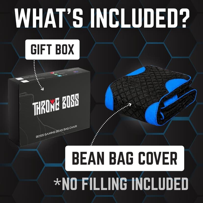 Throne Boss Gaming Bean Bag Chair Cover for Kids with High Back, Blue – Gamer Chair for Kids with 2 x Large Side Pockets, Headphone Hanger, Easy to Clean Fabric, Requires 200 Liters Polystyrene Beans