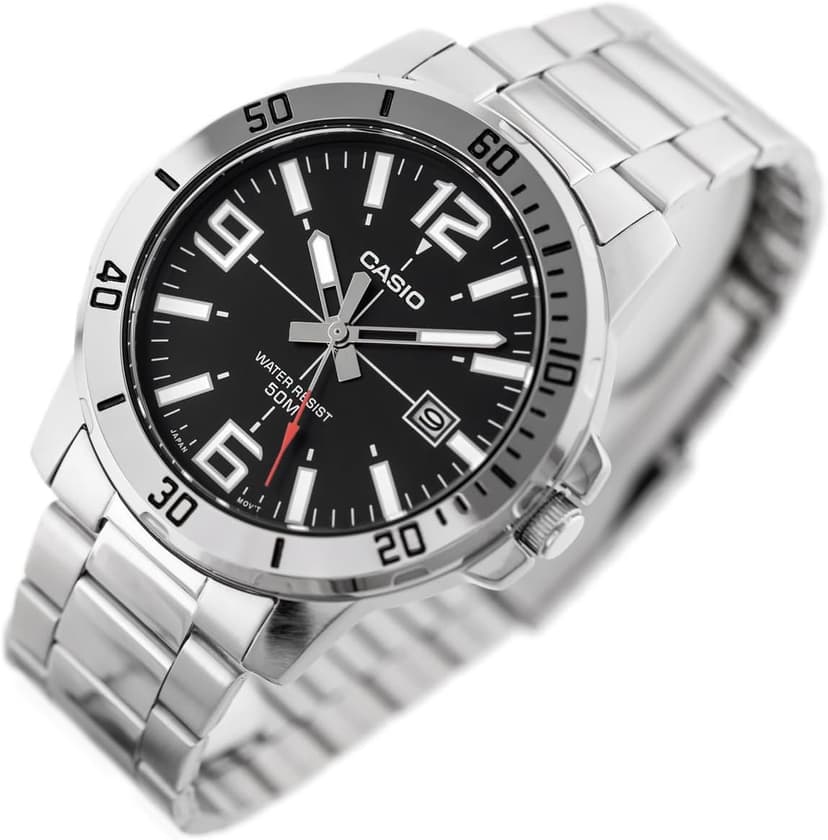 Casio MTP-VD01D-1BV Men's Enticer Stainless Steel Black Dial Casual Analog Sporty Watch, Silver, 48×42×10.7mm, Quartz Movement